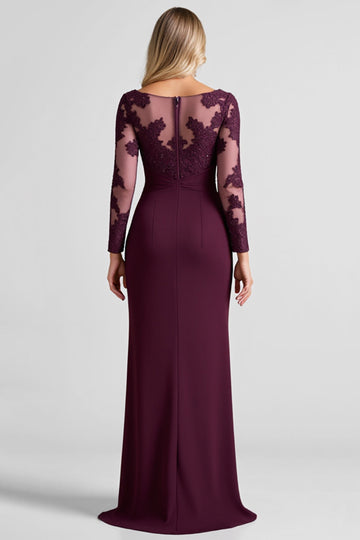 Grape Lace Appliqued Sheath Long Sleeves Mother of the Bride Dress with Slit
